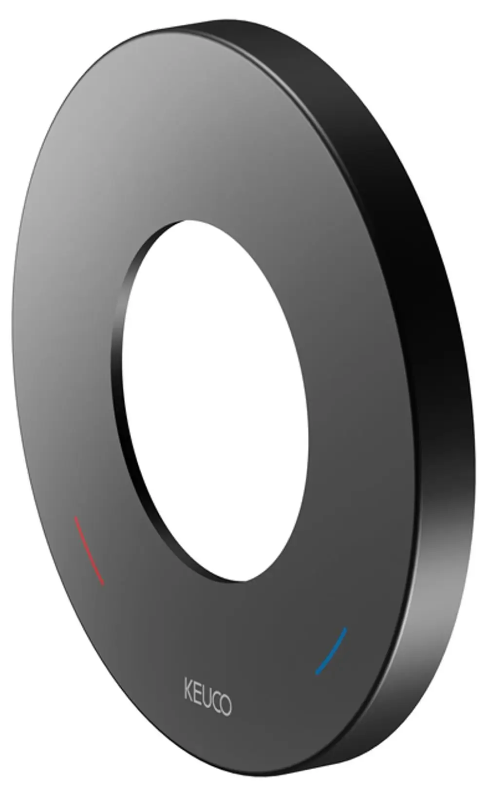 Schwarze runde Wandrosette von Keuco mit einem zentralen Loch und farbigen Markierungen für Warm- (rot) und Kaltwasser- (blau) Leitung.